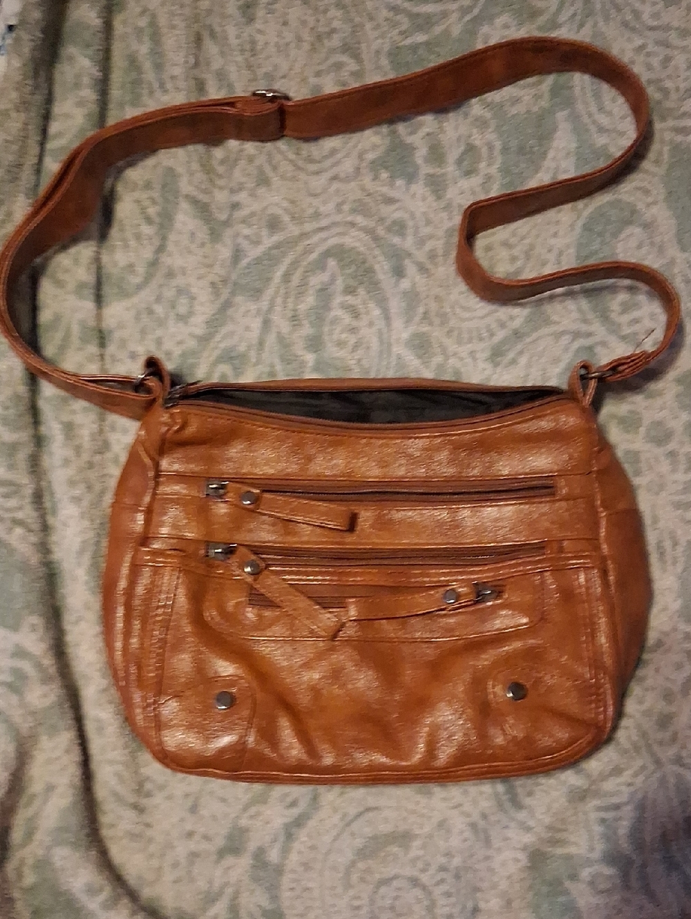 Classic Tan Leather-Look Crossbody with Multiple Front Zips